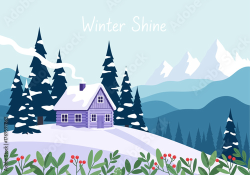 A cozy purple cabin nestled in a snowy landscape with snow-covered pine trees and distant mountains under a pale blue sky.