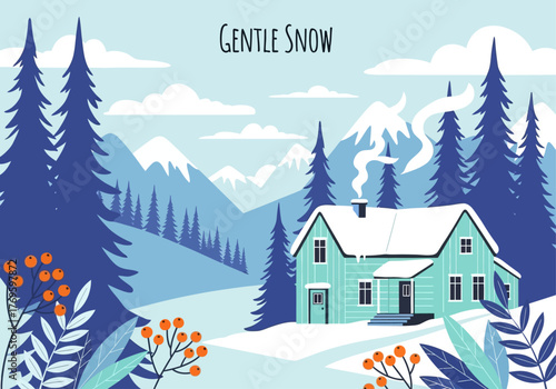 A cozy cabin nestled in a snowy mountain landscape with pine trees and gentle snowfall.