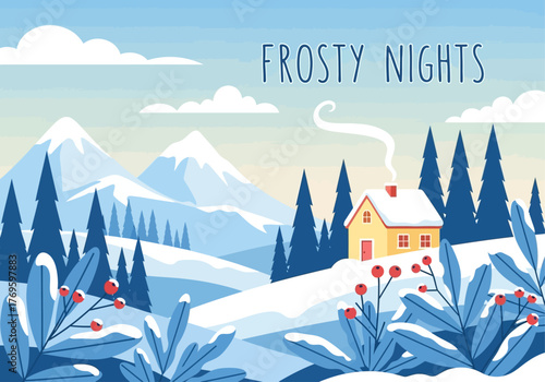 A serene winter landscape featuring a cozy house nestled among snow-covered mountains and trees.