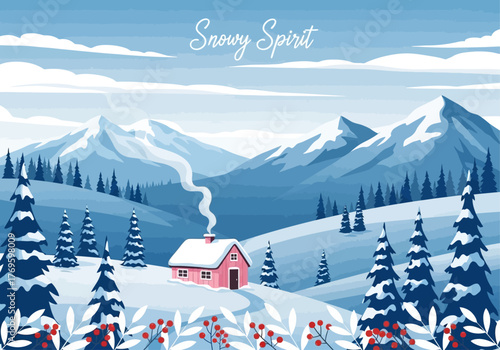 Winter landscape with a cozy house nestled among snow-covered trees and mountains.