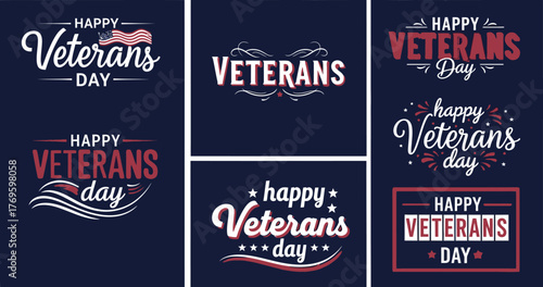 A collage of happy veterans day designs on a dark blue background