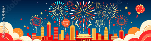 Chinese National Day fireworks over skyline on dark background