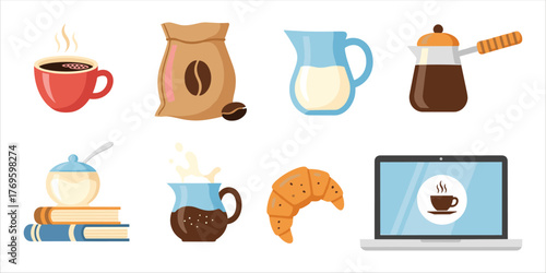 Flat coffee icons set with cup, moka pot, croissant, and breakfast elements for cozy design.