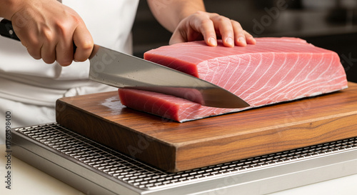 A fish fillet cutting a big piece of raw tuna on wooden cutting board.