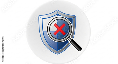 The magnifying glass over a shield marked with a red cross symbolizes vulnerability detection and security flaw identification