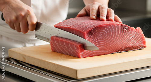 A fish fillet cutting a piece of raw tuna on wooden cutting board.	

