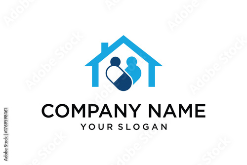 Home Healthcare Logo Design with Person and Medical Capsule in House Icon