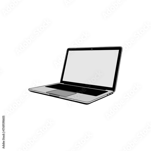 A modern laptop computer is displayed open, showing a blank screen, isolated on white.