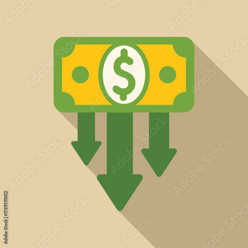Green downward arrows and dollar bill representing money decrease, investment loss, stock market crash, financial crisis, and economic recession