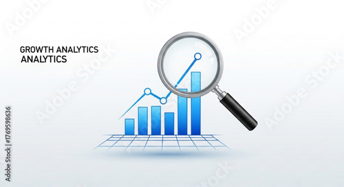 Growth analytics chart with magnifying glass, illustrating data analysis, business growth, and market research trends