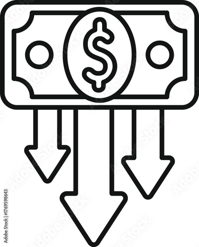 Simple line icon representing decreasing dollar value, useful for depicting financial downturn or deflationary economic trends