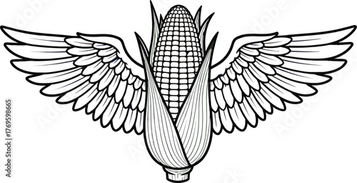 Corn cob with colorful wings illustration on a white background