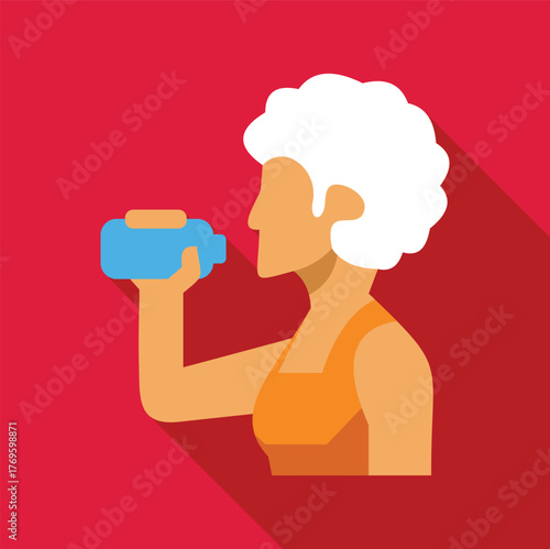 Elderly woman drinking water after exercising, promoting a healthy lifestyle and hydration for seniors