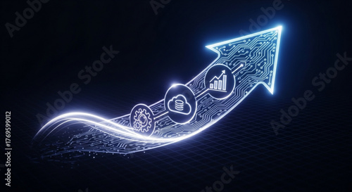 Arrow pointing upwards with digital circuit pattern, representing growth, progress, and technological advancement in business and innovation