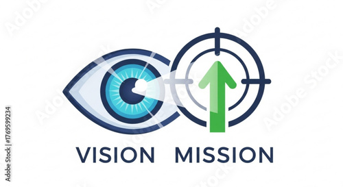 Eye with target and arrow represents vision and mission, aiming for success, strategic planning, and achieving goals