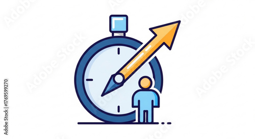Stopwatch with arrow and person represents time management, productivity, efficiency, and achieving goals in a timely manner