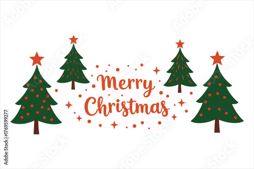Festive merry christmas greeting with decorated pine trees and twinkling stars