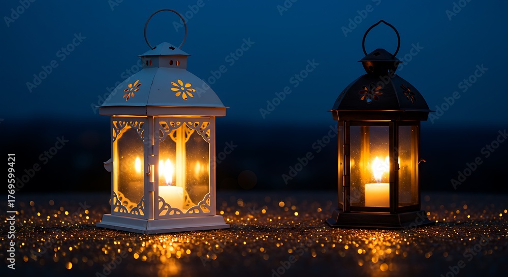 Fototapeta premium Two illuminated lanterns glowing warmly in the dark with bokeh lights in the background