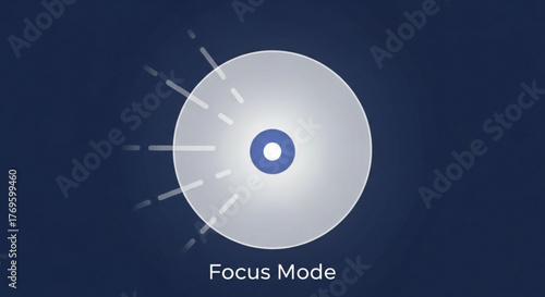 Focus mode icon with a circle and rays emanating from the center, symbolizing attention and clarity, set against a deep blue backdrop, modern design
