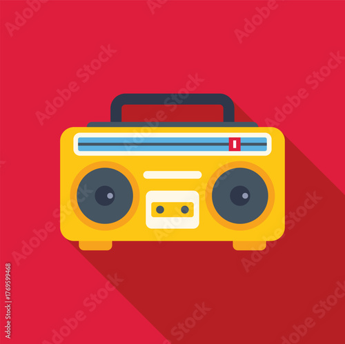 Yellow portable stereo playing music with pause button pressed on red background