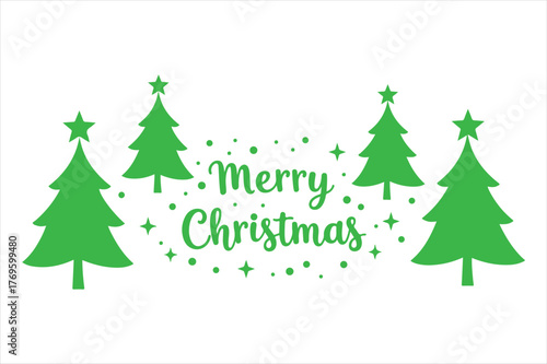 Festive green christmas trees and merry christmas text with sparkling confetti celebration