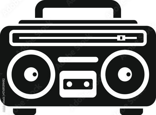Black and white illustration of a retro boombox playing a cassette tape, featuring a radio tuner and large speakers