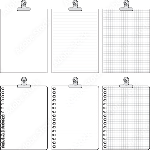 目玉クリップで挟んだ大学ノートのイラスト（無地・線入り・升目入り・角丸・ルーズリーフ風・全6種類）