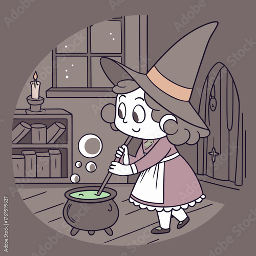 A cute little witch is stirring a green potion in her cauldron indoors