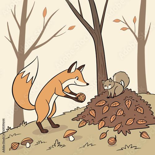 A fox gives a nut to a squirrel on a pile of leaves in autumn