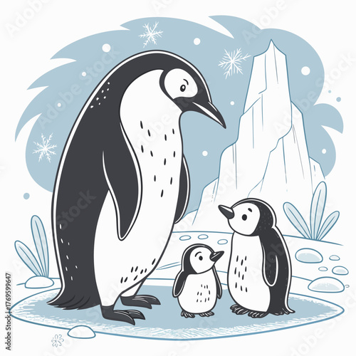 A family of penguins standing on the ice near the iceberg in winter