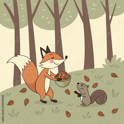 A fox shares nuts with a squirrel in the forest on a sunny day