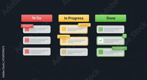 Kanban board showing workflow management with to do, in progress, and done columns, a visual system for managing work at different stages of completion