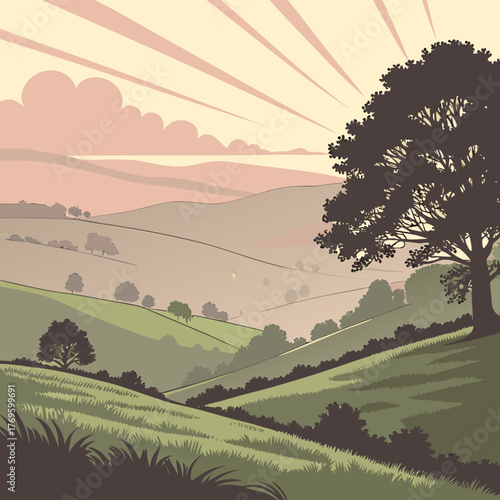 A serene landscape with rolling hills and a majestic tree at sunset