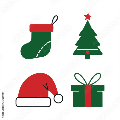 Festive christmas icons including stocking tree santa hat and gift box isolated