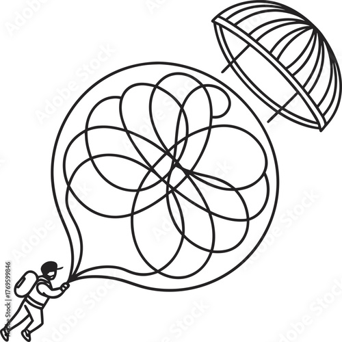 Skydiver ascends with hot air balloon shaped like a flower landing safely isolated on transparent background