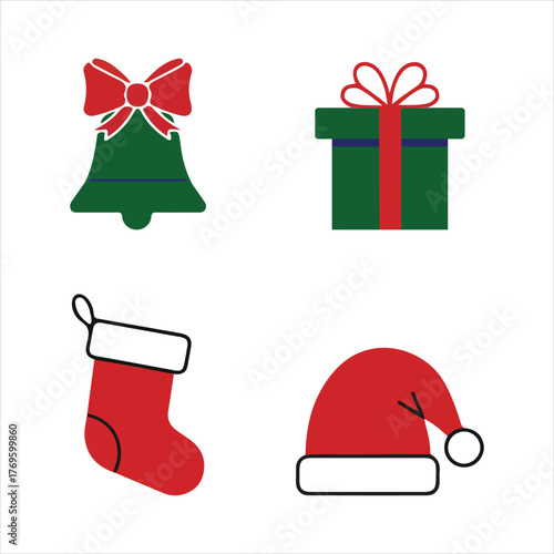 Festive christmas icons bell gift stocking and santa hat collection for holiday design