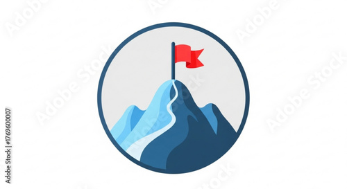 Illustration of a mountain with a red flag on top, symbolizing success, achievement, and reaching goals