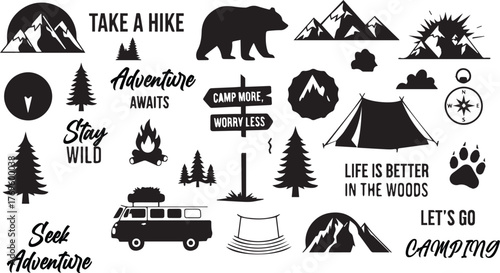 Nature and Outdoor Adventure Icons Camping, Hiking, Wildlife, and Exploration Vector Set Featuring Trees, Mountains, Tents, Bears, and Inspirational Text