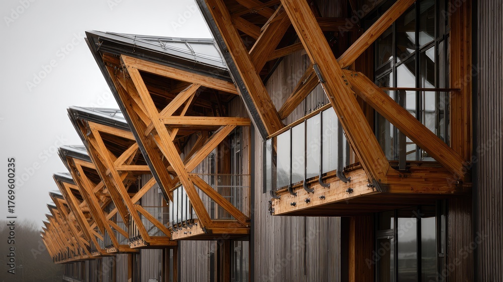 Fototapeta premium Modern architectural design emphasizing sustainable materials with wooden structures, sharp angles, and large glass windows creating a unique visual appeal in urban landscapes.