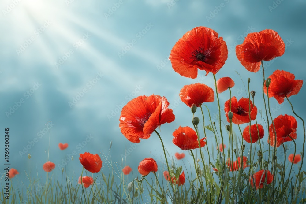 Fototapeta premium Poppy Field Under Sun: A vibrant display of red poppies dances gracefully in a field, basking under the warmth of the sun, evoking feelings of serenity and beauty.