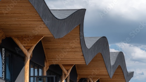 Architectural detail of modern building featuring undulating wooden eaves, showcasing unique design and craftsmanship against a dramatic sky.