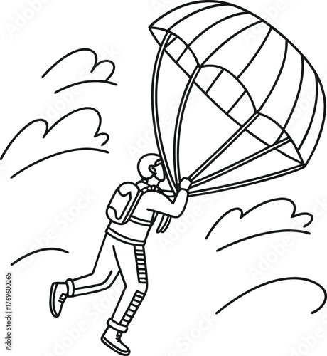 Bold graphic outline of a skydiver parachuting downward mid-air jump isolated on transparent background
