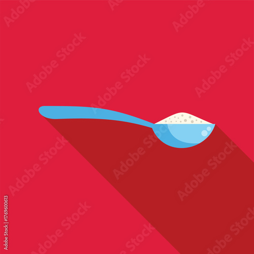 Light blue spoon holding white powder, isolated on a red background with long shadow