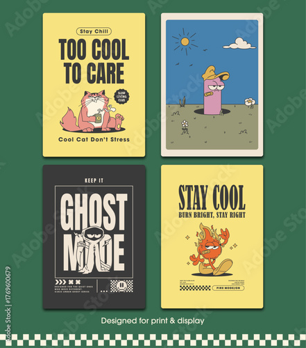 retro poster set with cartoon mascots and motivational quotes with vintage graphic style, vector illustration