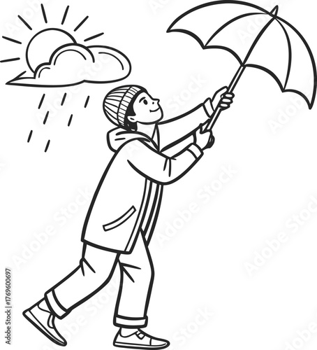 Person walking with umbrella and sun symbolizing hope during rainy weather isolated on transparent background