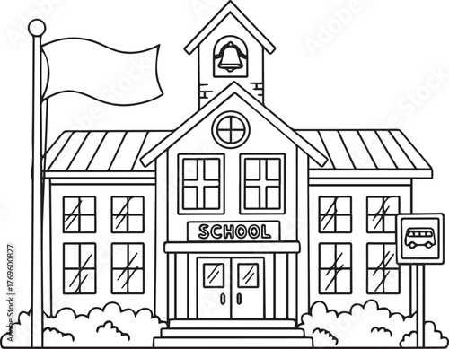 Create School building vector for coloring book doodle hand drawn icon. Outline drawing school building line clipart symbol on white Background.