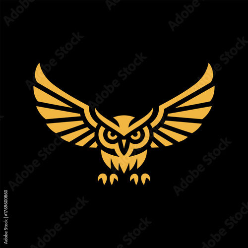 stylish owl emblem with sharp geometric shapes and golden tones, representing intelligence and strength.
