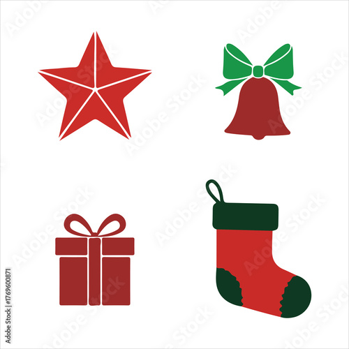 Festive christmas icons featuring star bell gift box and stocking for holiday decoration