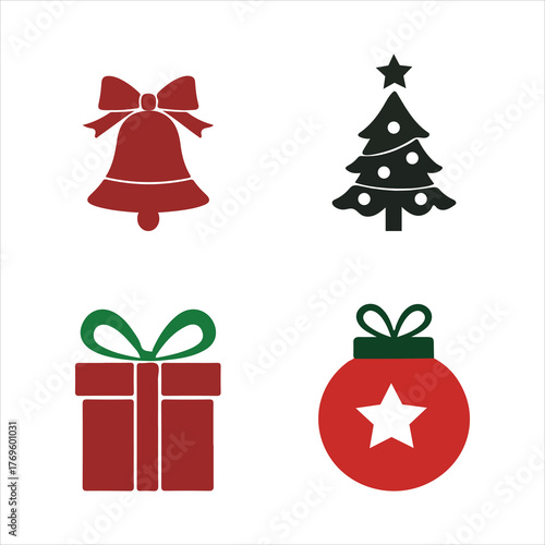 Christmas holiday icons festive set featuring bell tree gift box and ornament