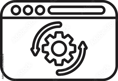 Website optimization process, symbolized by rotating gear and circular arrows within a web browser window